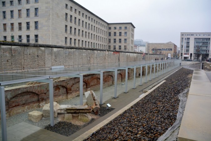 Topography of Terrors -- part of the headquarters remain in situ against the Berlin Wall