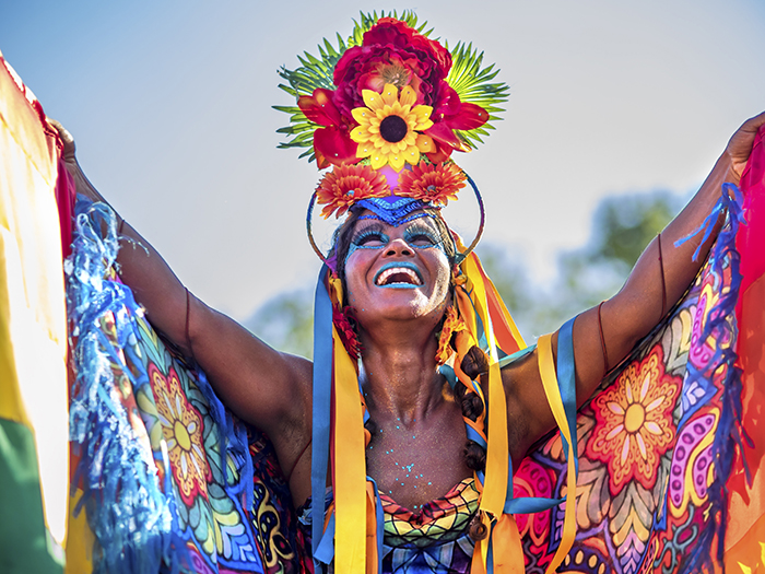 Rio de Janeiro, Brazil - February 9, 2016: Beautiful Brazilian woman of African descent wearing colourful costume and smiling during Carnaval 2016 street parade in Rio de Janeiro, Brazil.